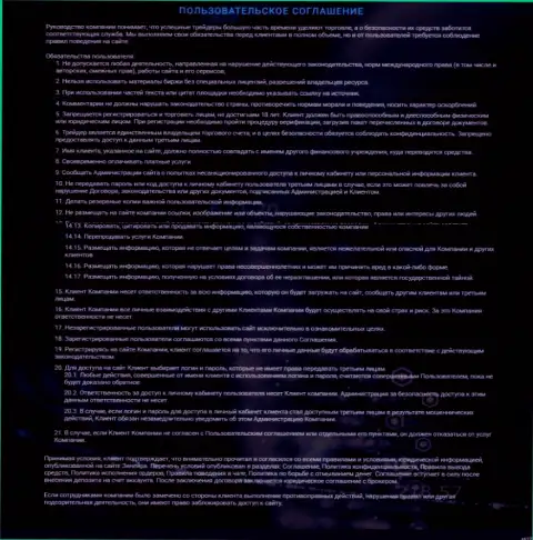 Пользовательское соглашение биржевой торговой площадки Зиннейра, представленное на официальном информационном портале биржевой организации
