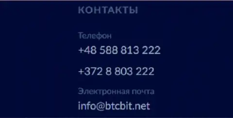 Телефоны и е-мейл интернет обменника BTC Bit
