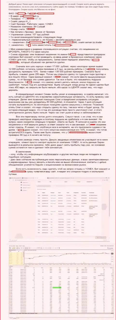 Детальная схема разводняка форекс трейдера аферистами из 1Онэкс на денежную сумму 107 тысяч рублей